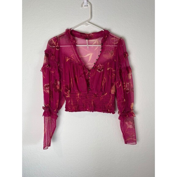 Free People Blouse Womens Small Pink Sheer Floral Long Sleeve Ruffle Boho Top - Picture 1 of 7
